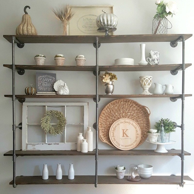 DIY pipe shelf styled with neutrals for fall
