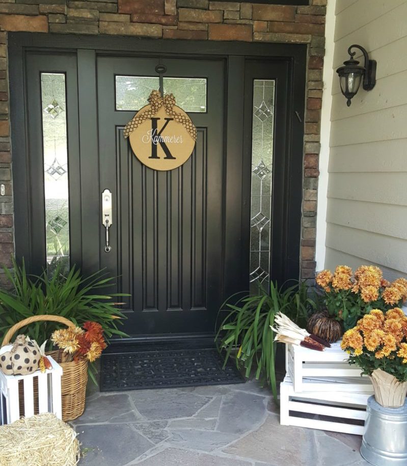 Fall front door with mums and white crates