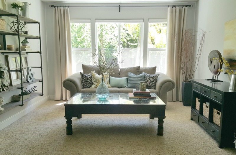 living room with diy drop cloth curtains