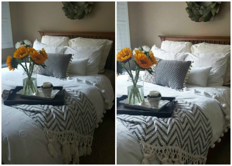Swoon-worthy photos: editing on IG before and after bedroom photo with wreath, throw, sunflowers 