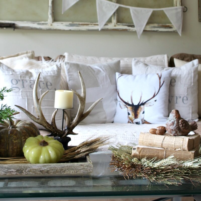 fall coffee table styled with neutral colors