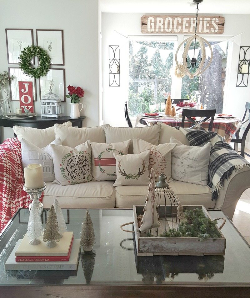 inspired Christmas decor family room with holiday pillows