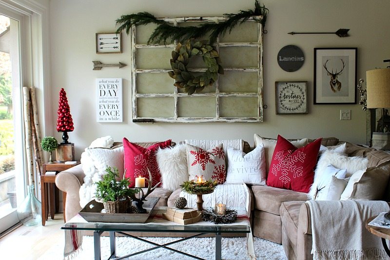 Family room decorated for Christmas with traditional, modern farmhouse elements