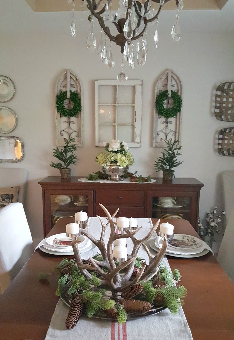 Antler centerpiece mixed with farmhouse details for holiday table