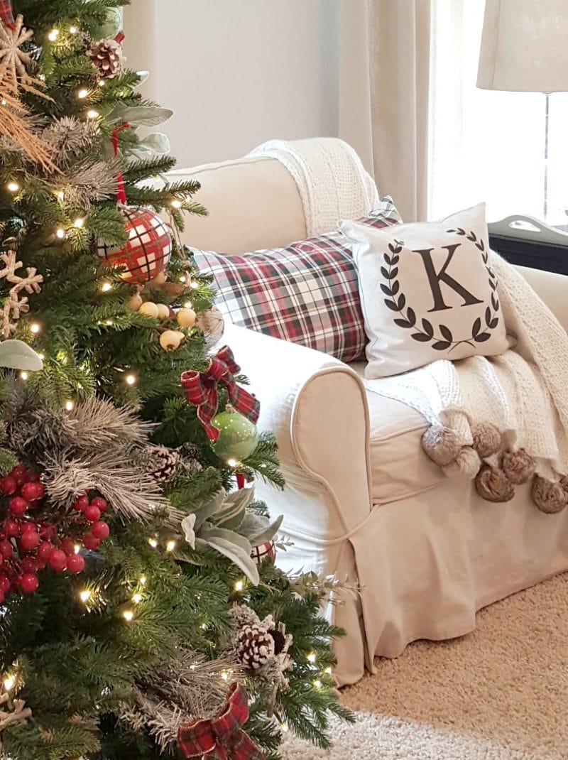 inspired Christmas decor with cozy seating and Christmas tree