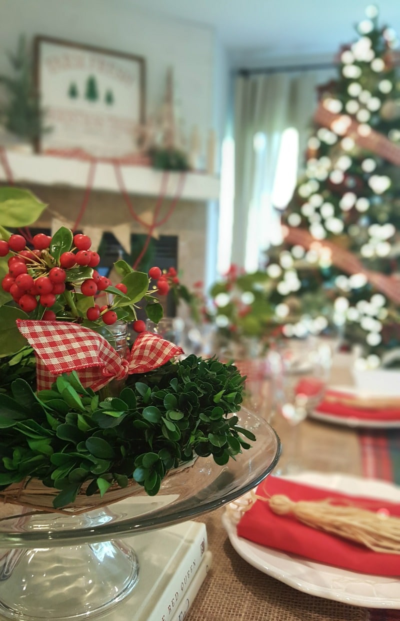 holiday table decor with traditional red and green color palette