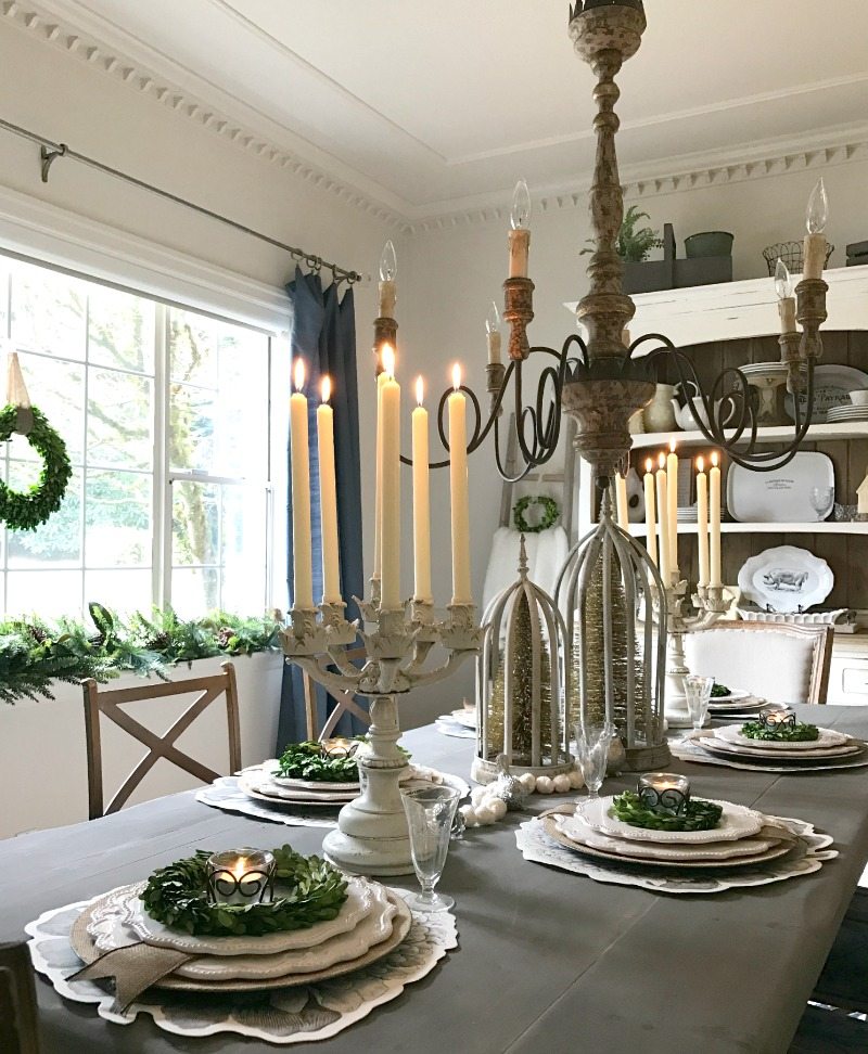 Gray wash farmhouse table with gorgeous elegant holiday tablescape show decorating details to inspire your own creations.