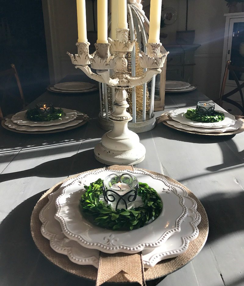 elegant dramatic table with antique candelabra and farmhouse neutral details