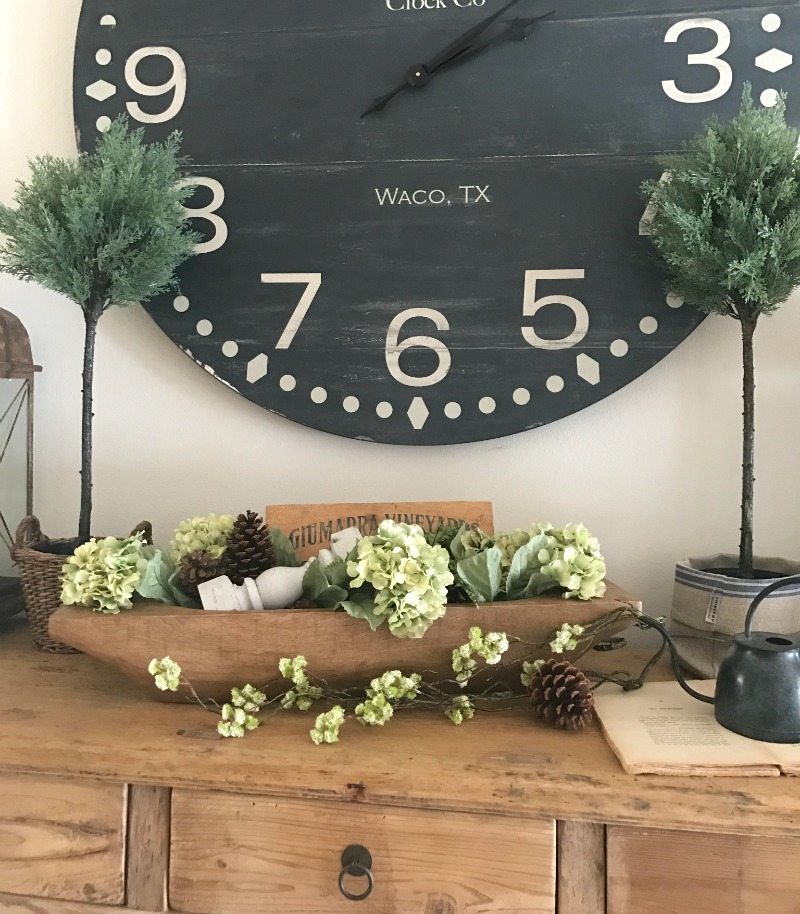 Farmhouse table, rustic decor with magnolia home clock