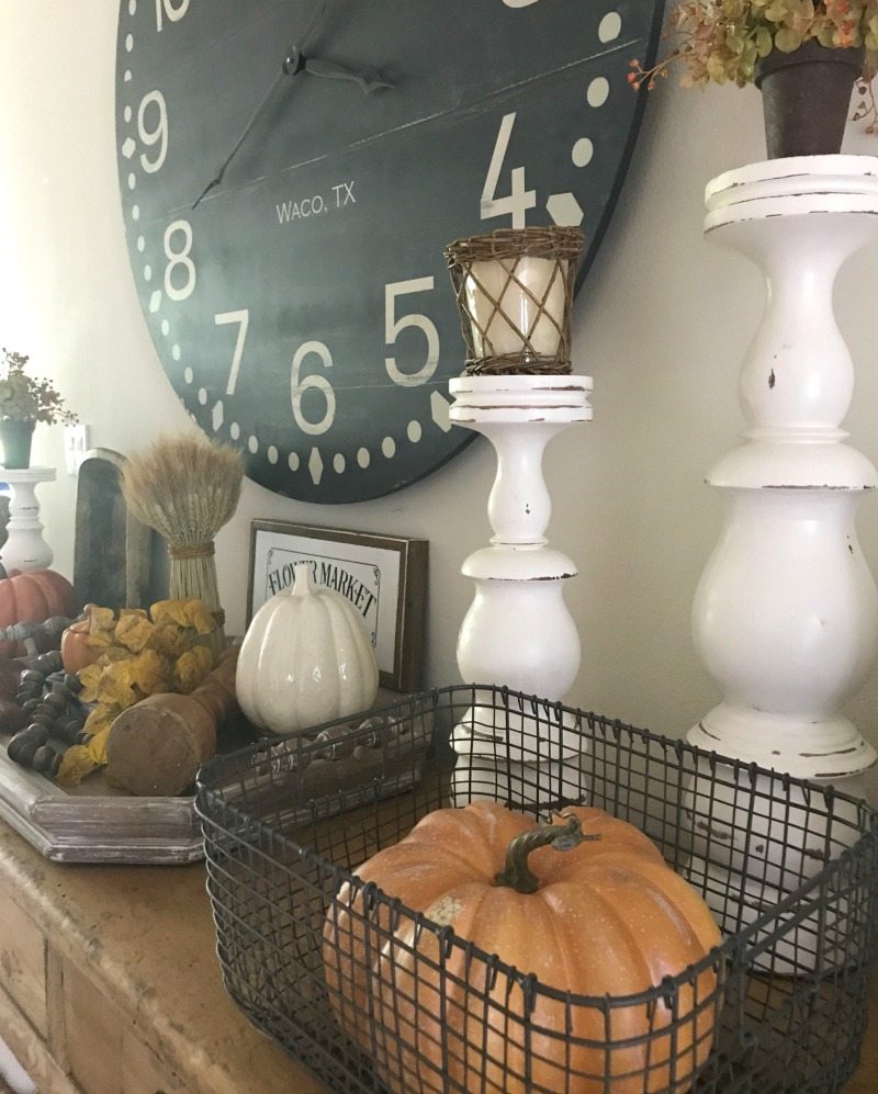 fall home tour decorating tips with pumpkins and waco texas clock