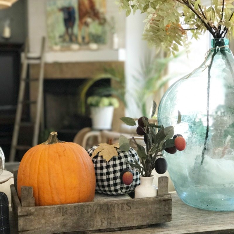 Real and handmade plaid pumpkins fall vignette