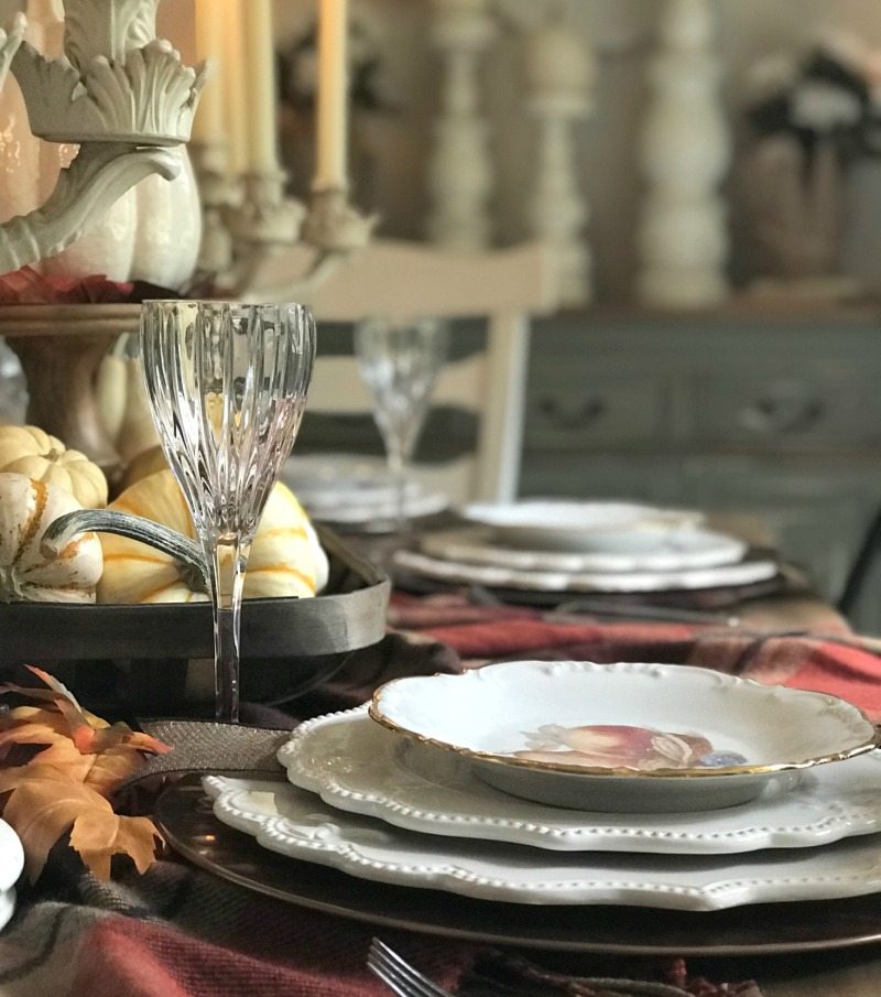 thanksgiving tablescape with glass table settings