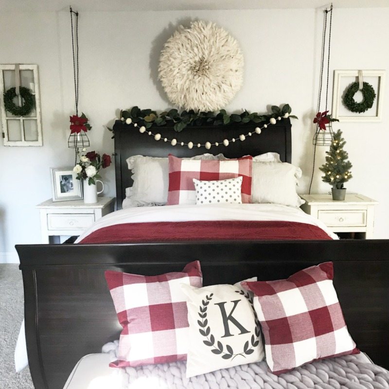 Christmas Bedroom Decor with red plaid pillows