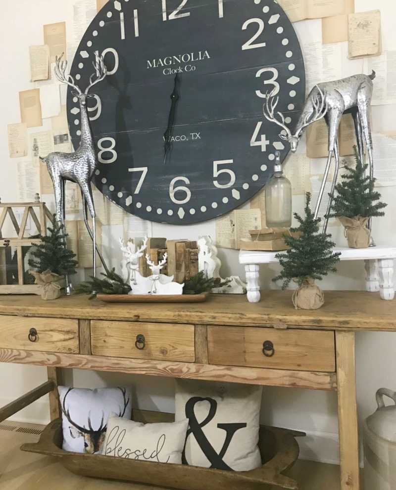 Farmhouse Christmas decor wood table and magniola home clock