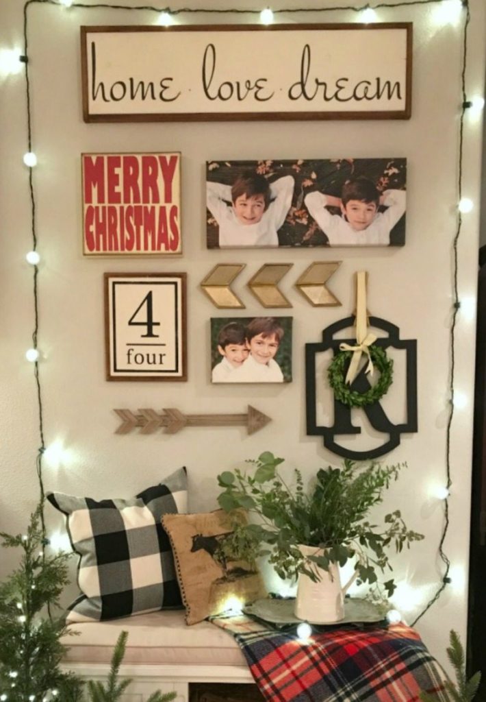 Christmas lights accent wall with family photos