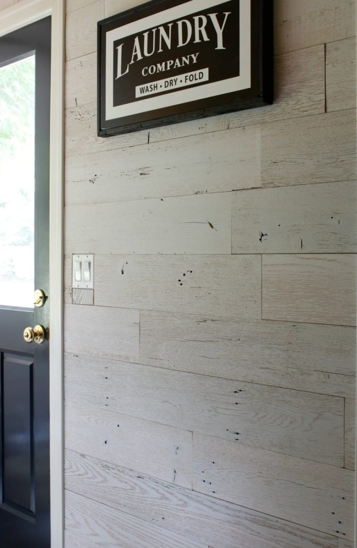 laundry room barn wood wall diy with Olde Wood peel and stick wood