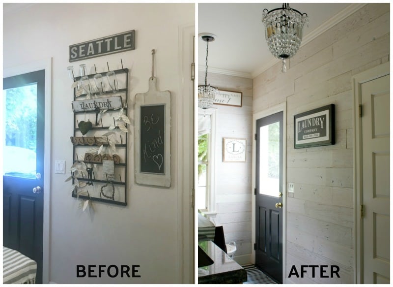 before and after DIY wood wall laundry room makeover