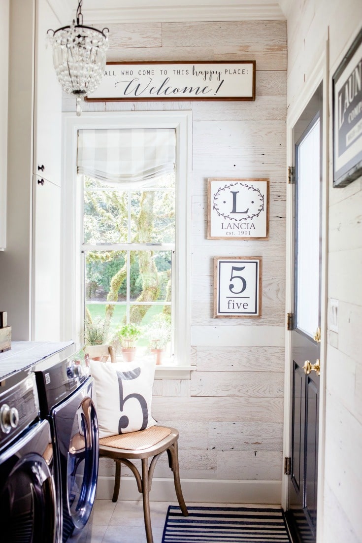 laundry room makeover with diy peel and stick barnwood product adds vintage look and farmhouse style