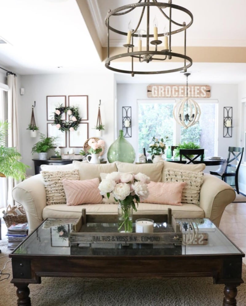 pink decorating with pillows farmhouse living room