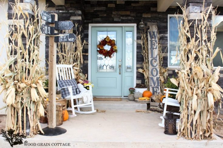 fall front porch with neutral colors and corn husks