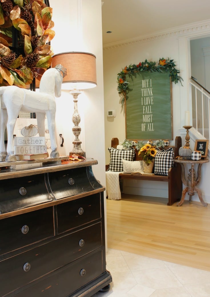 front hallway farmhouse fall decor with bench 