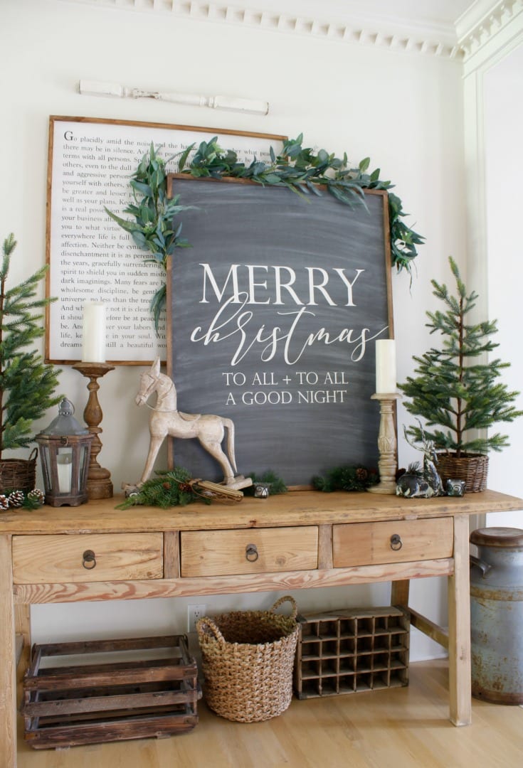 Neutral farmhouse Christmas decorations in festive holiday home tour