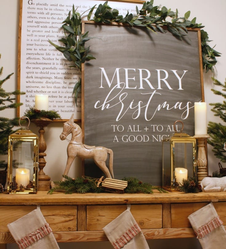 farmhouse style holiday decor merry christmas sign and stockings