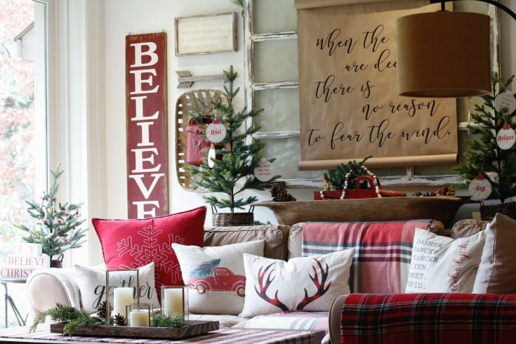 cozy holiday pillows and chrismtas living room