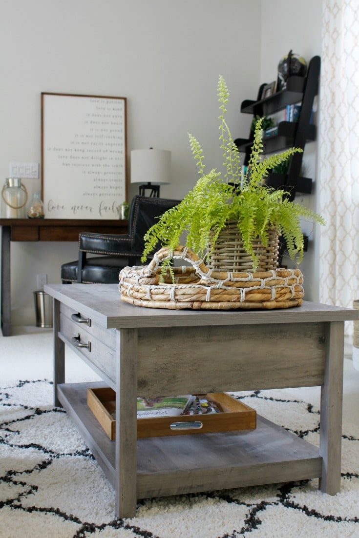room design tips farmhouse coffee table fern basket