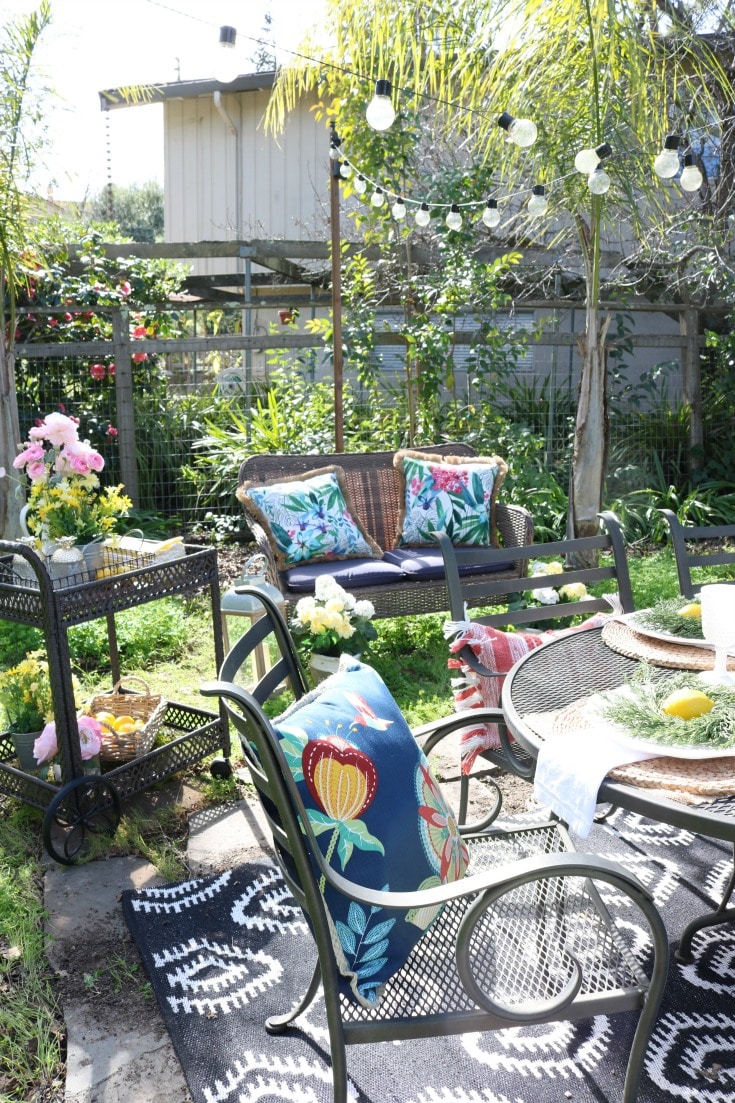 spring garden party with flowers & pillows