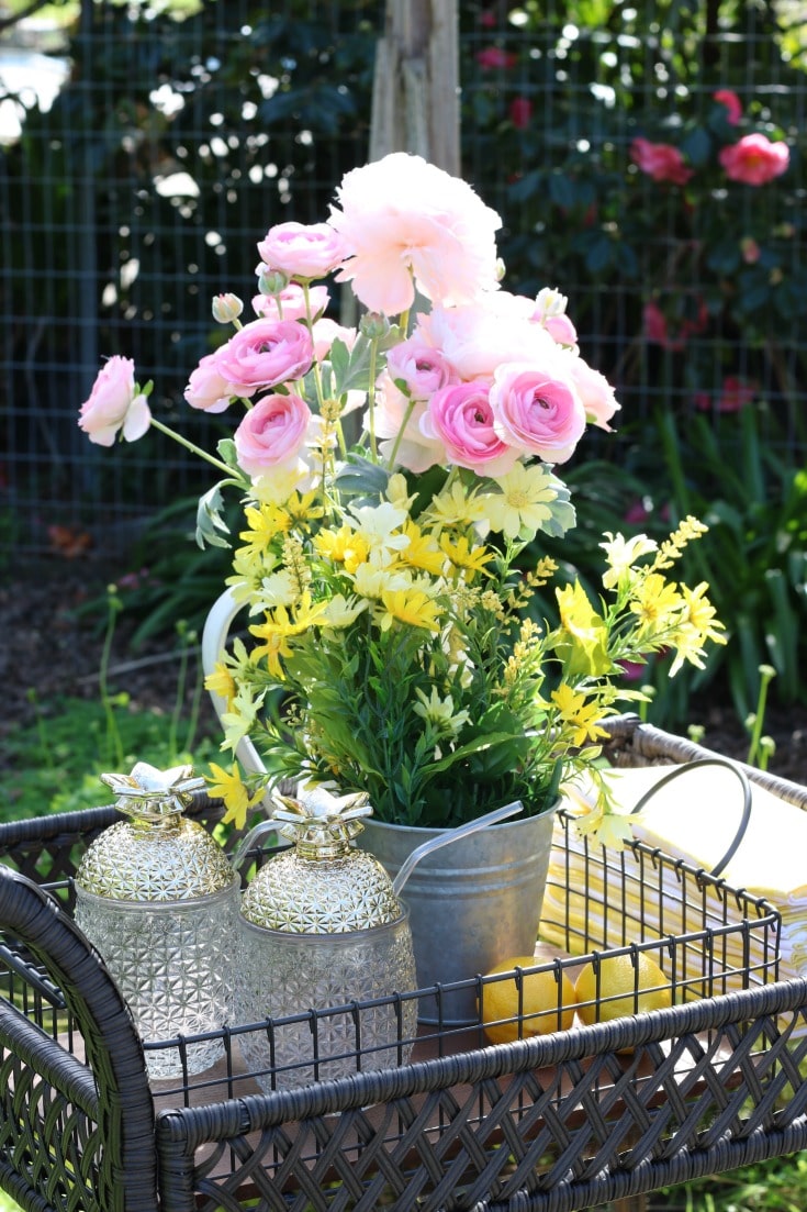 backyard serving cart with flowers