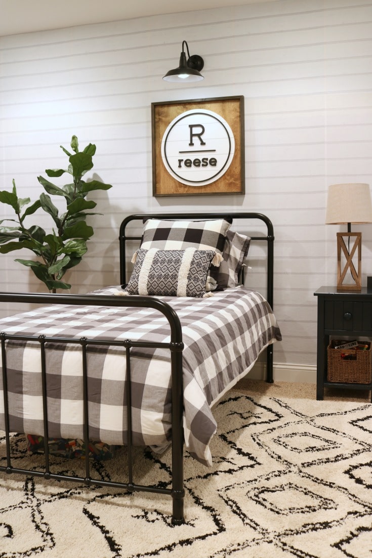 boys bedroom makeover with neutral palette and buffalo plaid