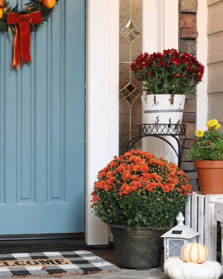 fall front porch with blue door and fall mums