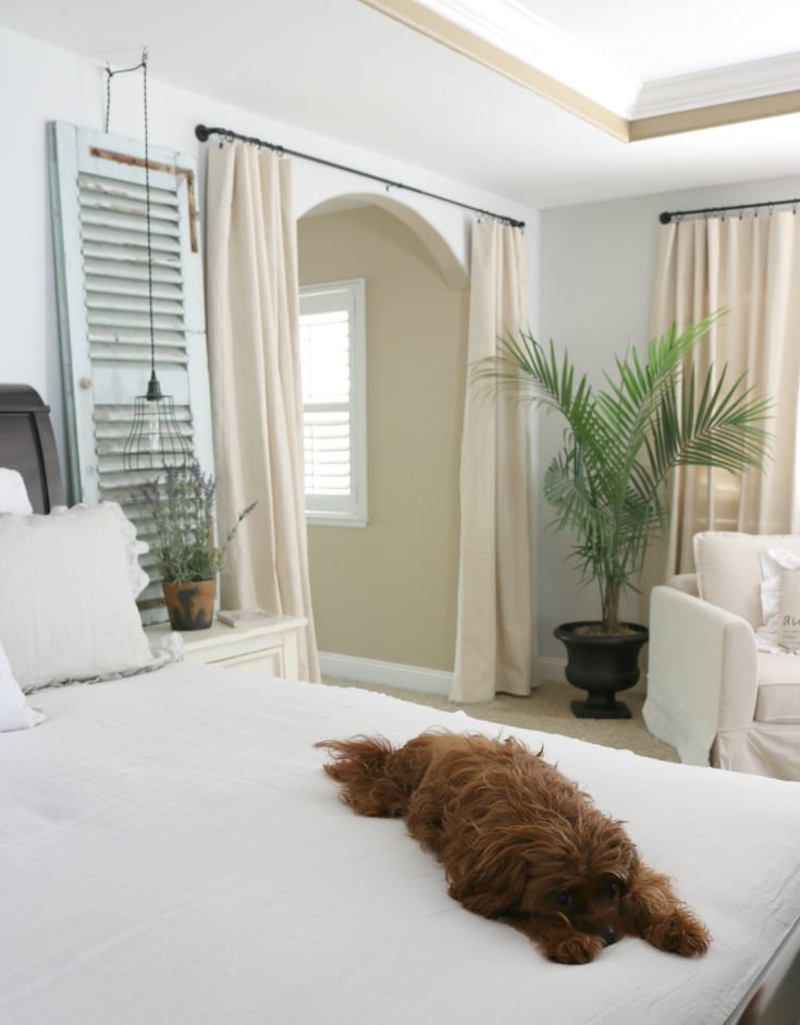 neutral bedroom and diy hacks like these drop cloth curtains plus puppy