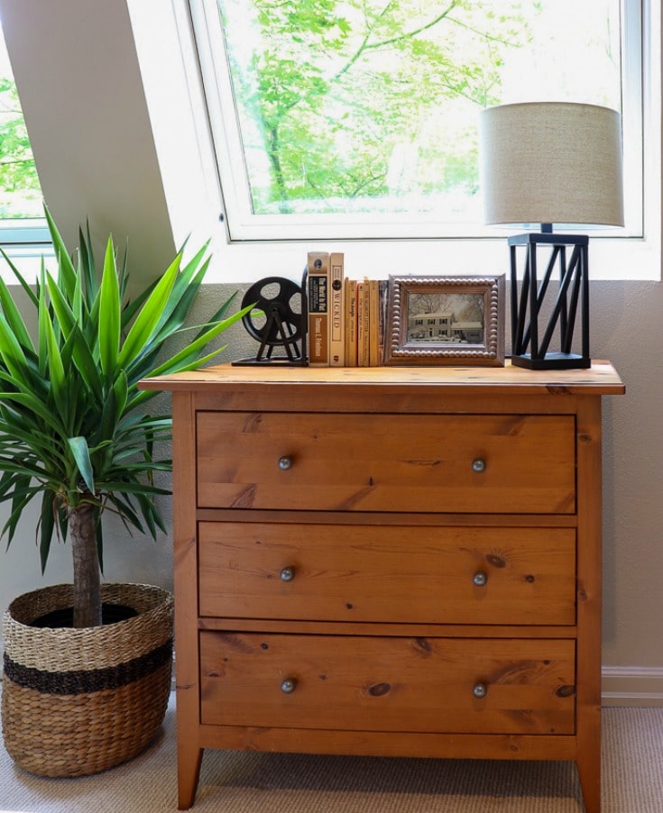 wood dresser with plant and modern lamp