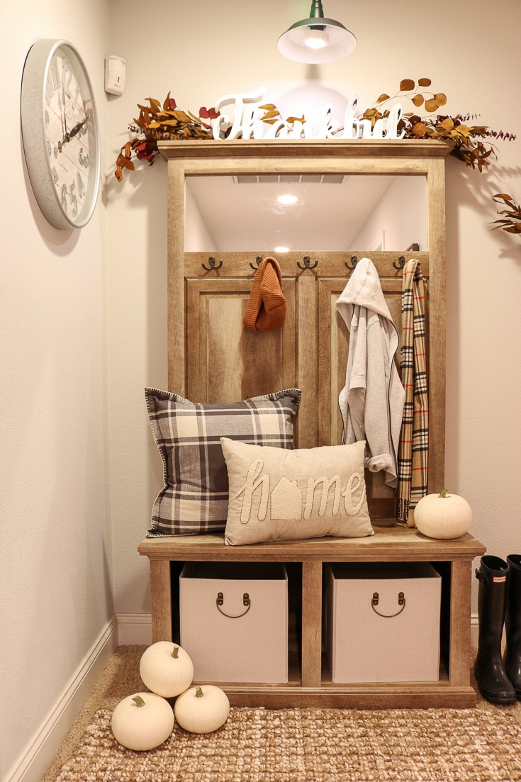 Hallway storage problems solved with attractive farmhouse bench and storage furniture unit