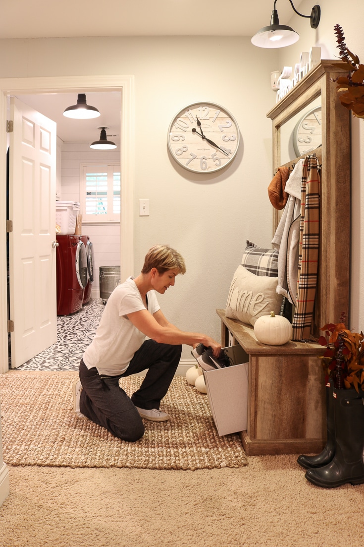 Farmhouse rustic wood furniture solves entryway storage needs