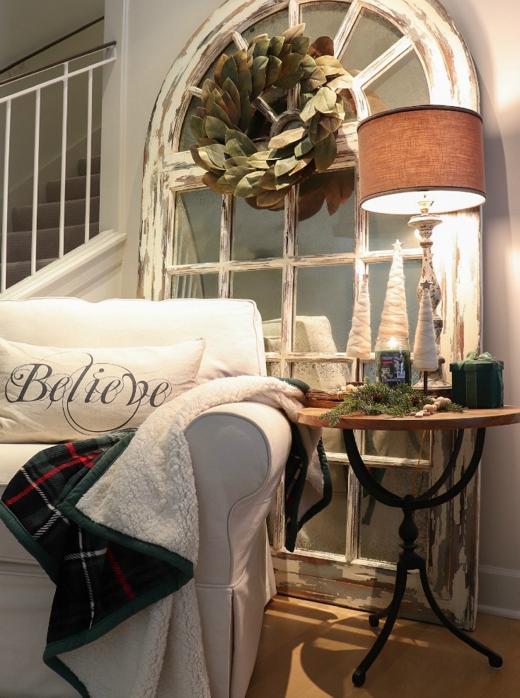 cozy seating corner with believe pillow and green sherpa throw from Better Homes and Gardens at Walmart