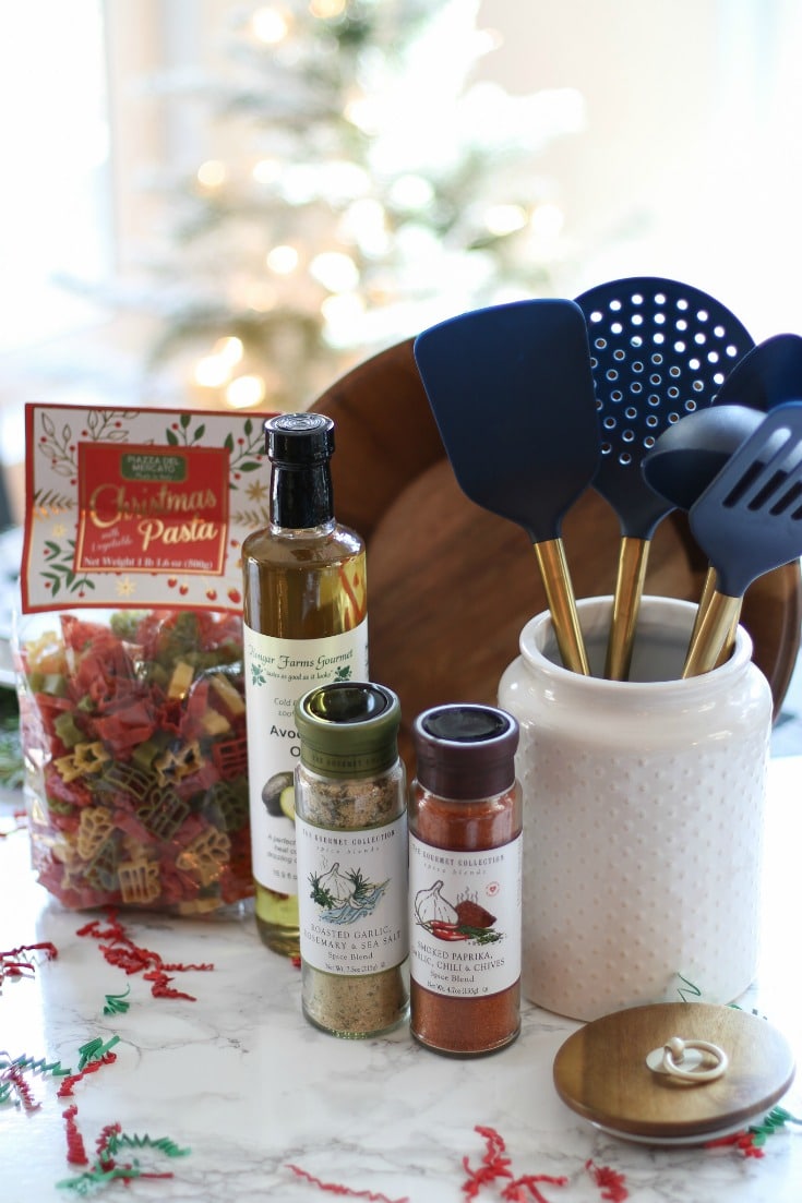 everything you need to give the perfect chef's gift basket this holiday season with essential cooking ingredients