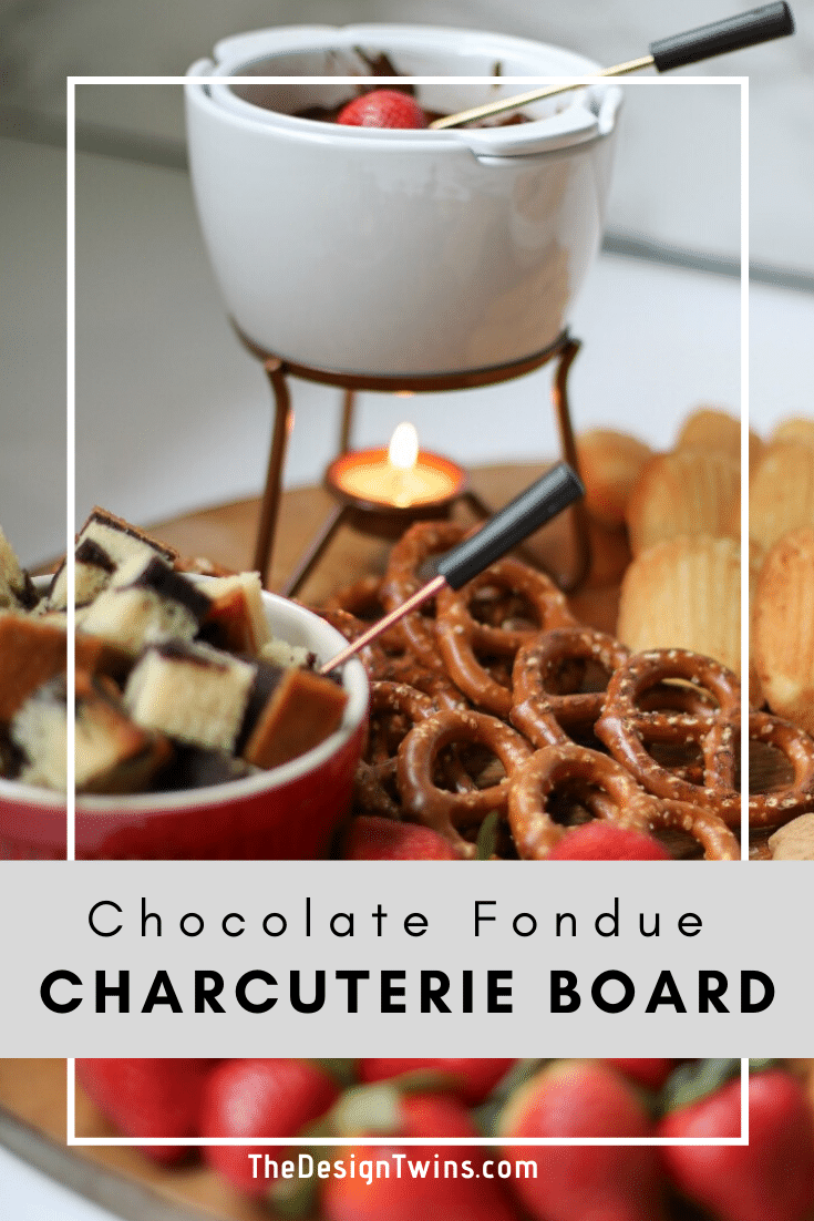 chocolate fondue charcuterie board with sweet and savory dipping options