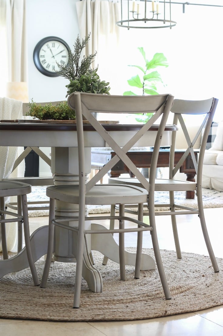 close up of gorgeous wood & cream farmhouse table and chairs from BHG at Walmart