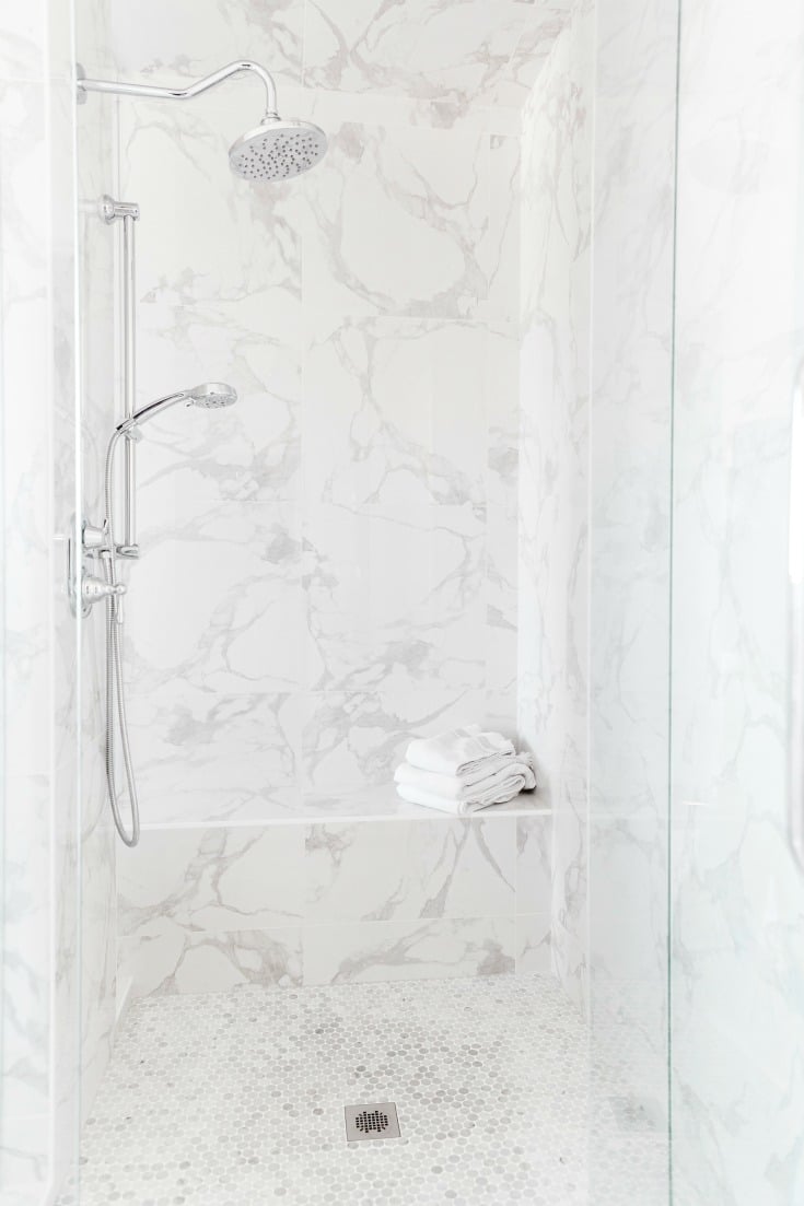 cleaning hacks to clean your shower or sink drain, white marble shower