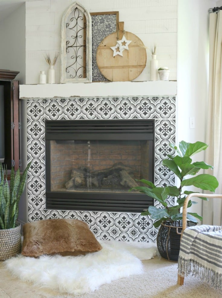 stencil tile fireplace DIY painting