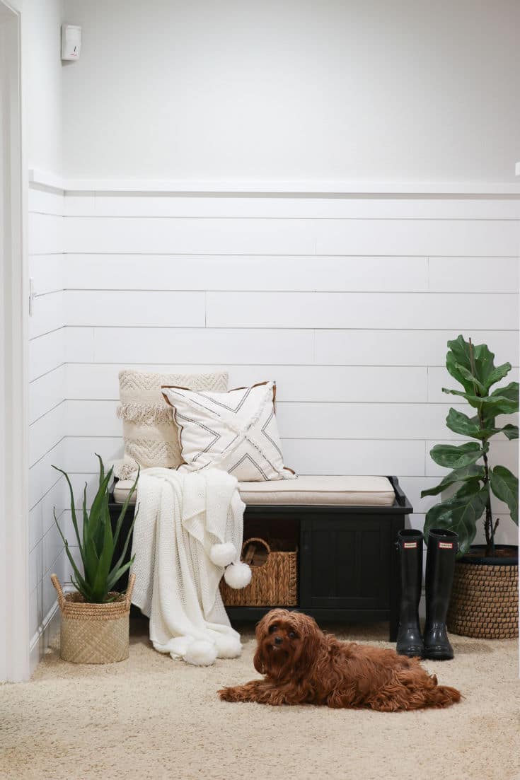 shiplap walls with bench, blankets and pillows with plants surrounding