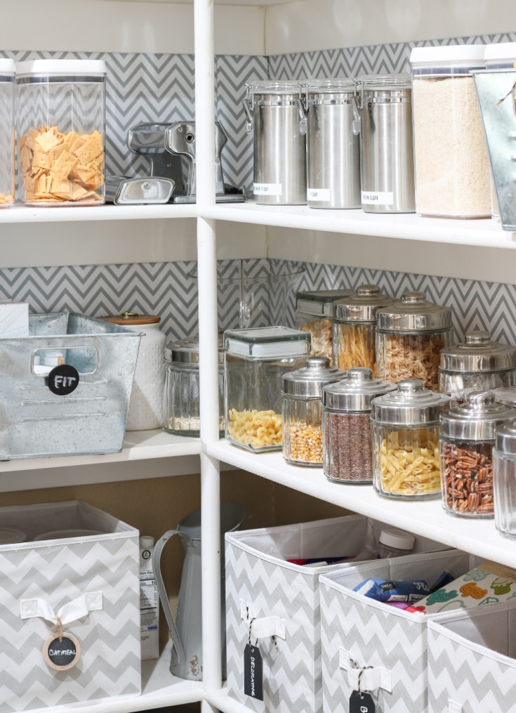 organized kitchen pantry shelves with see through food containers