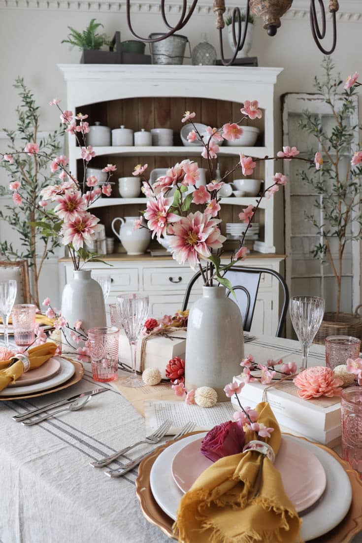 Valentine's day table with pink flowers and budget friendly details