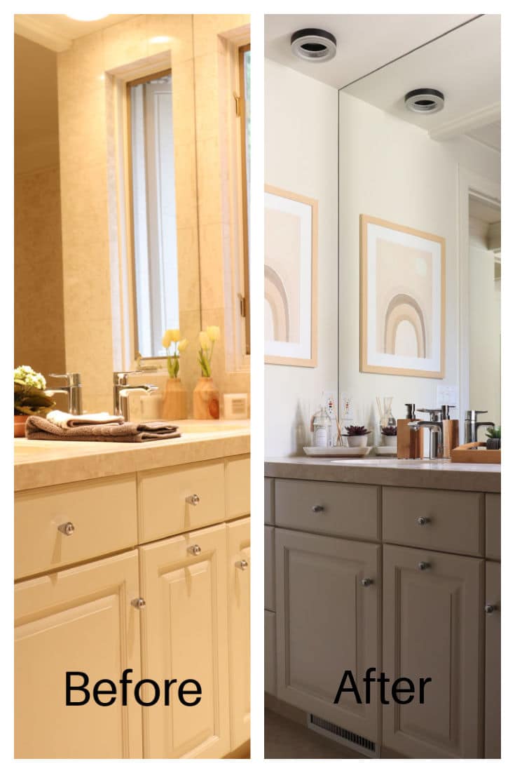 Before bathroom photo and after photo with Boho Bathroom Wall art in soft neutral colors with bamboo tray