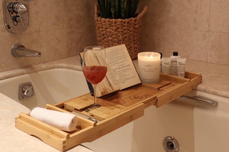 Bamboo bath tray part of easy Boho Bathroom Makeover