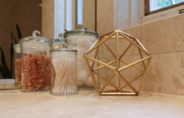 Bathroom Glass Apothecary jars, Gold Boho decor Design Element