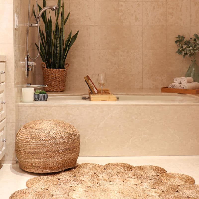 Neutral Boho Bathroom decor adds pattern and texture